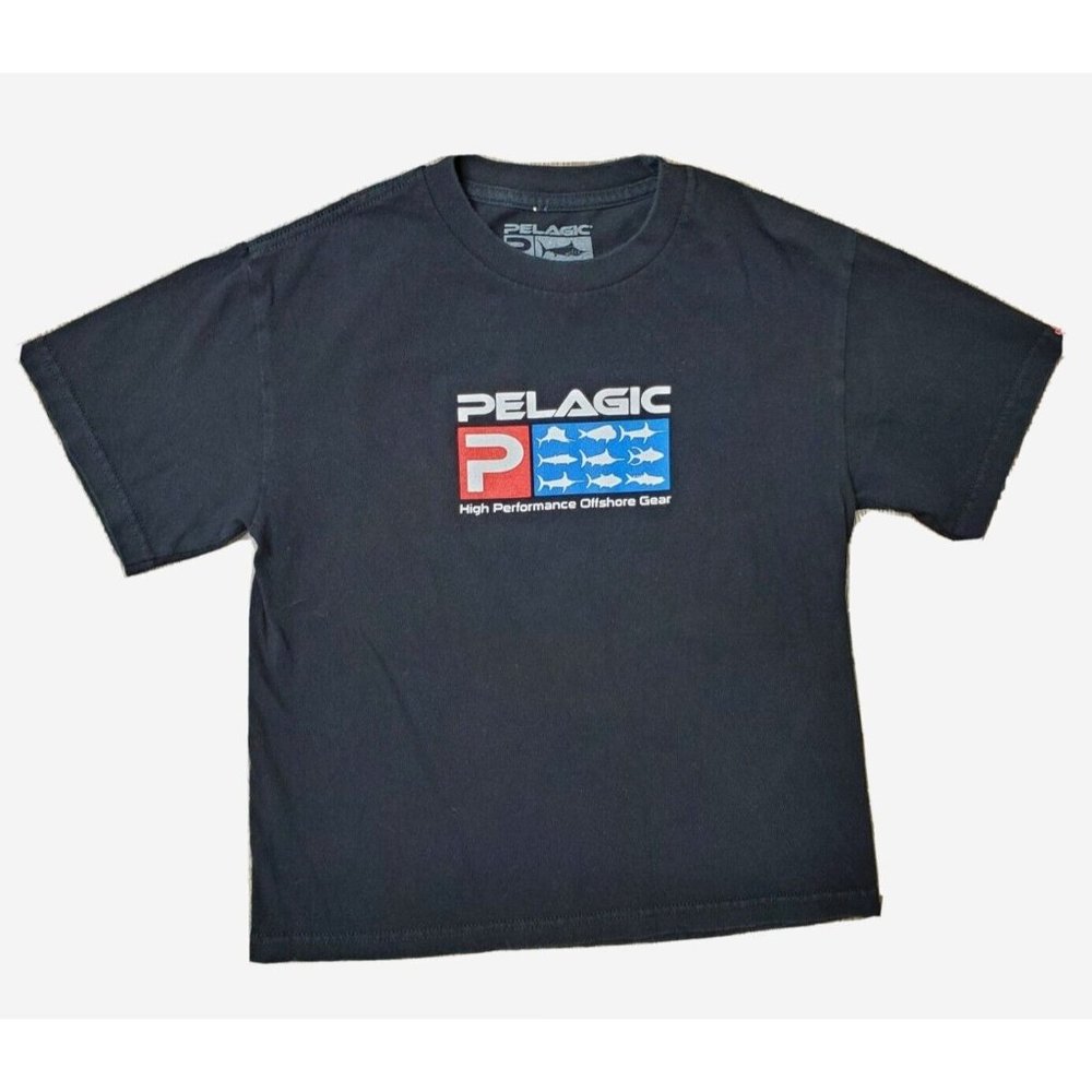 Pelagic Boys Youth Kids Black Logo Red White Blue T Shirt Size S Short Sleeve
